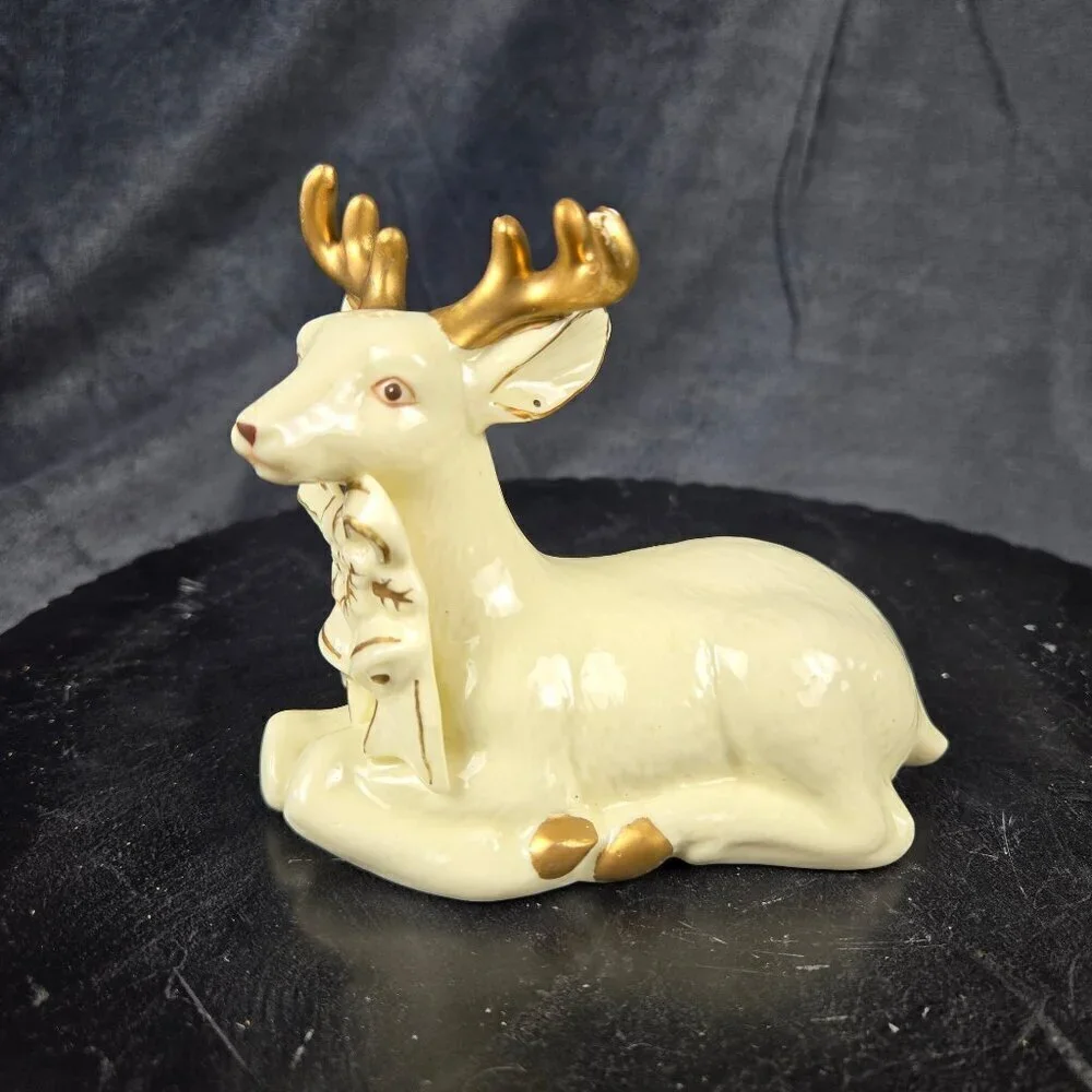 Vintage Ceramic Reindeer Figurine with Bow and Bells Cream Gold Accent Christmas